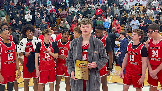 Harvard-Westlake's Nik Khamenia was awarded MVP of the Wolverines' 60-59 OT win over McEachern (GA) at the Spalding Hoophall Classic in Springfield, Mass. on Monday, Jan. 15, 2024.